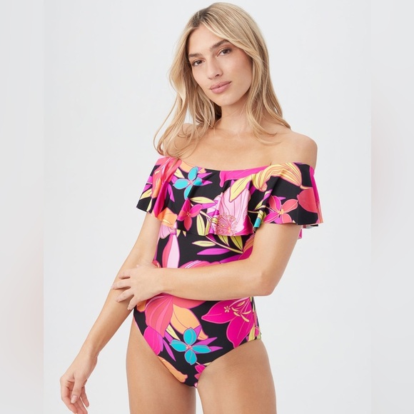 TRINA TURK SWIM Floral Off Shoulder Ruffle One Piece Swim Suit - Picture 14 of 14